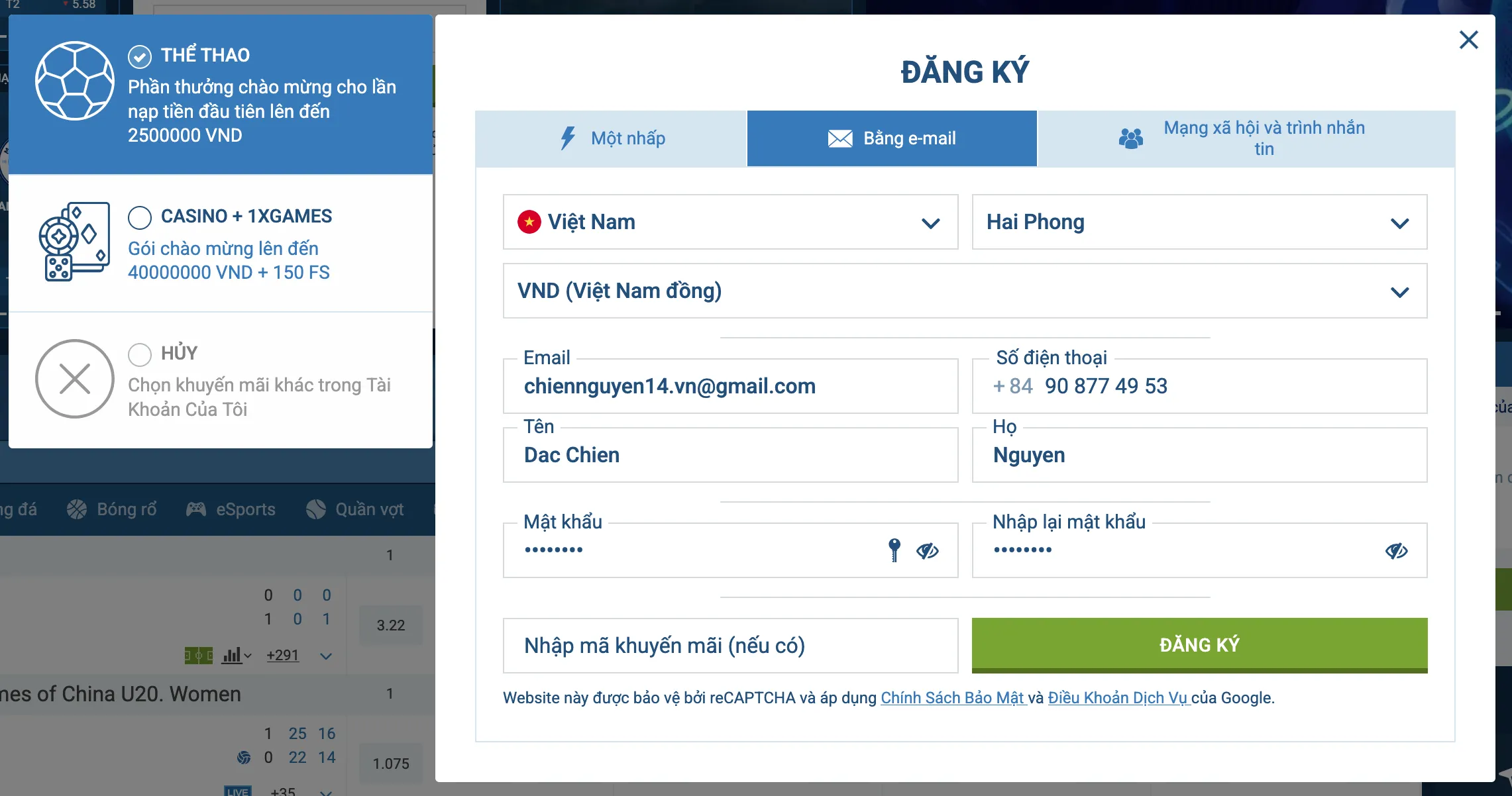 1xBet - Form đăng ký chi tiết bằng email Điền thông tin đăng ký tài khoản 1xBet bằng email