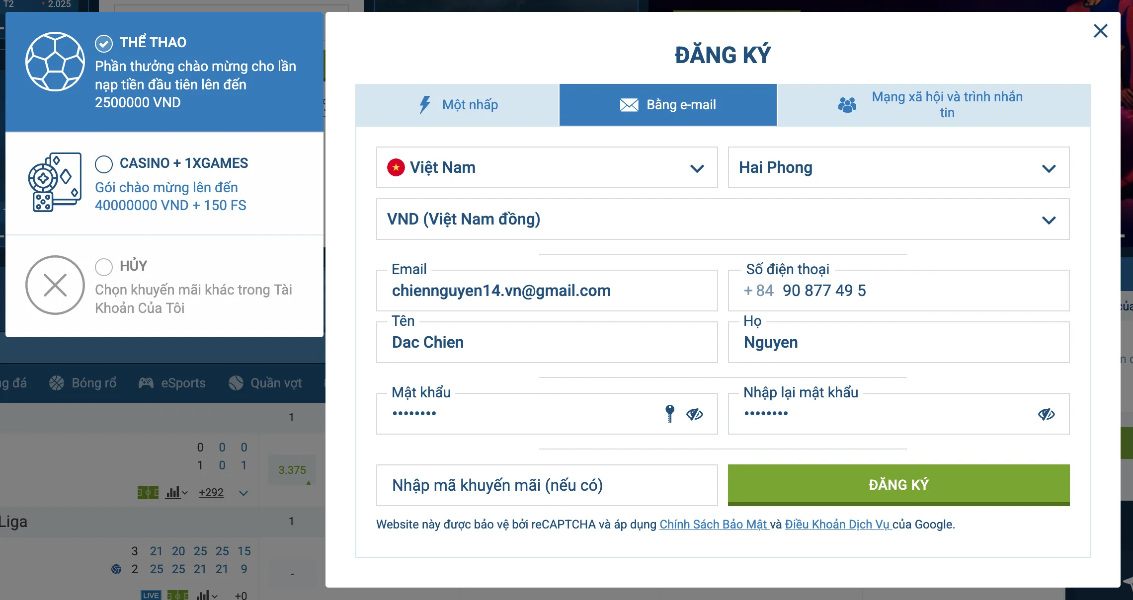 1xBet - Nhận thưởng thể thao hoặc casino khi đăng ký mới Chọn khuyến mãi sau khi tạo tài khoản 1xBet thành công