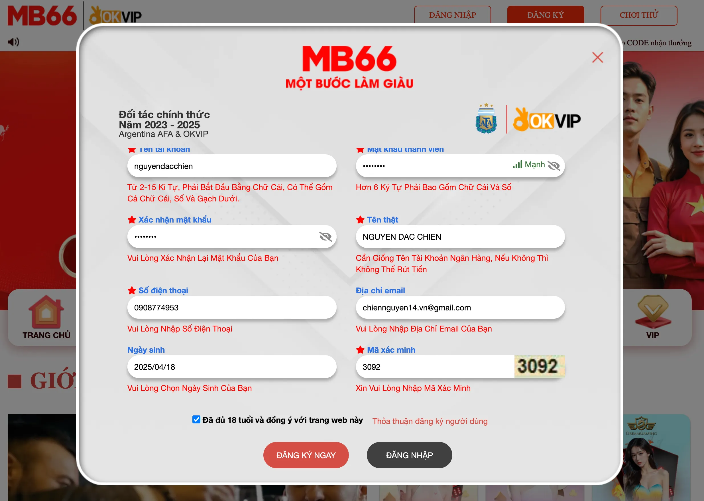 Biểu mẫu đăng ký thành viên tại nhà cái MB66