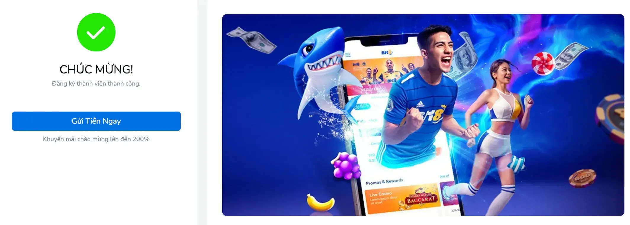 BK8 - Đăng ký thành công và nhận thưởng chào mừng Thông báo đăng ký thành công tại BK8