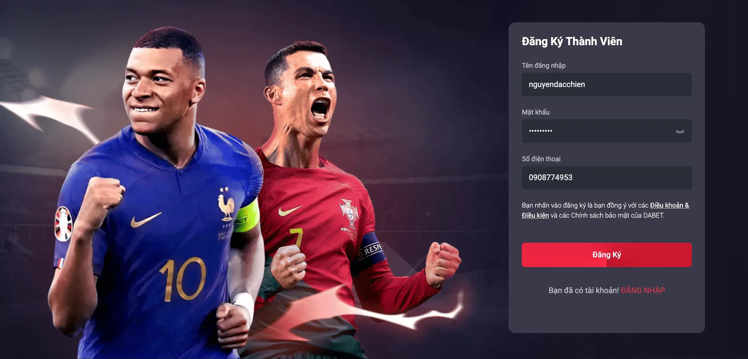 Đăng ký tài khoản tại nhà cái Dabet bằng số điện thoại