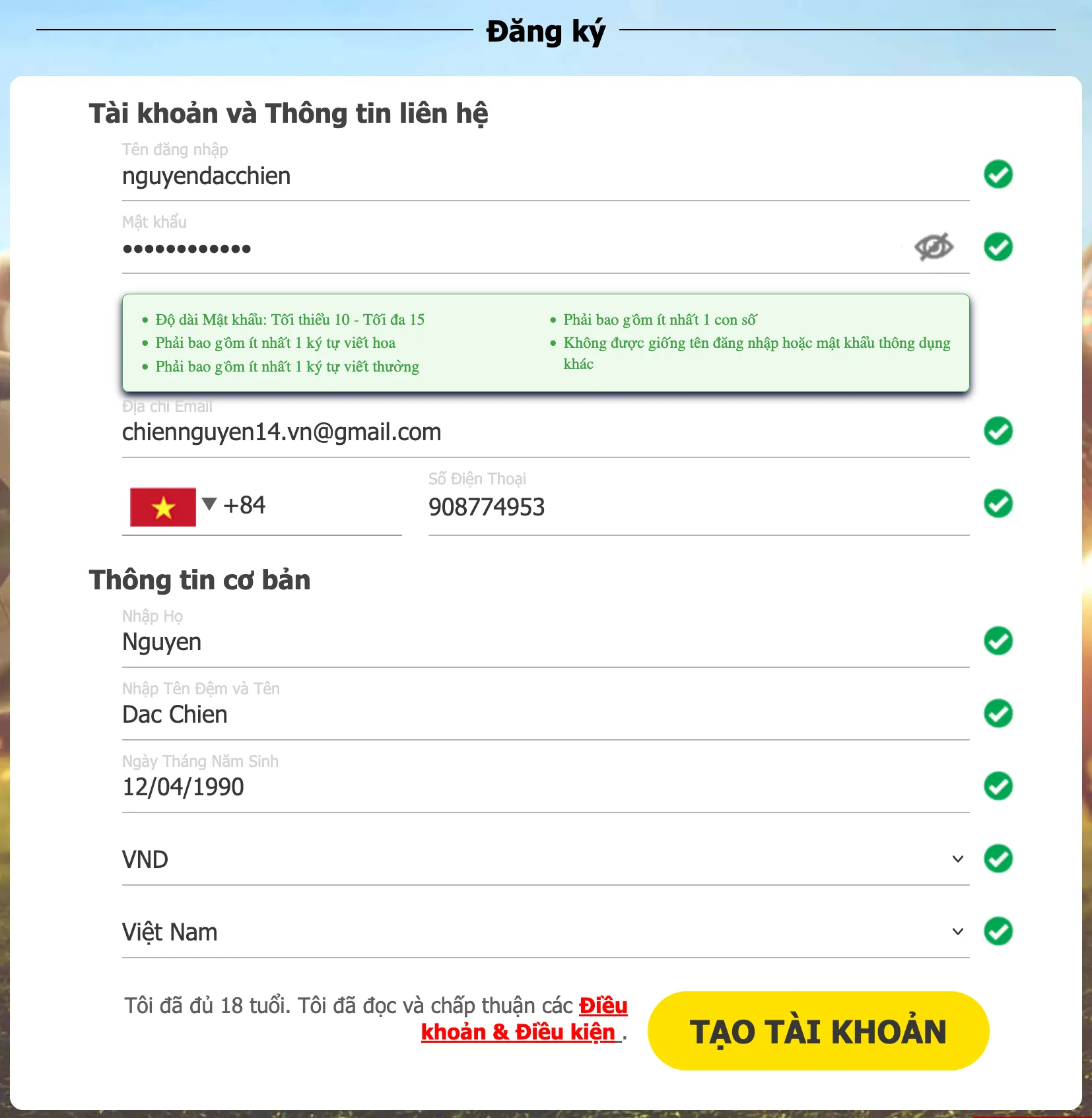 Biểu mẫu đăng ký tài khoản tại nhà cái Dafabet