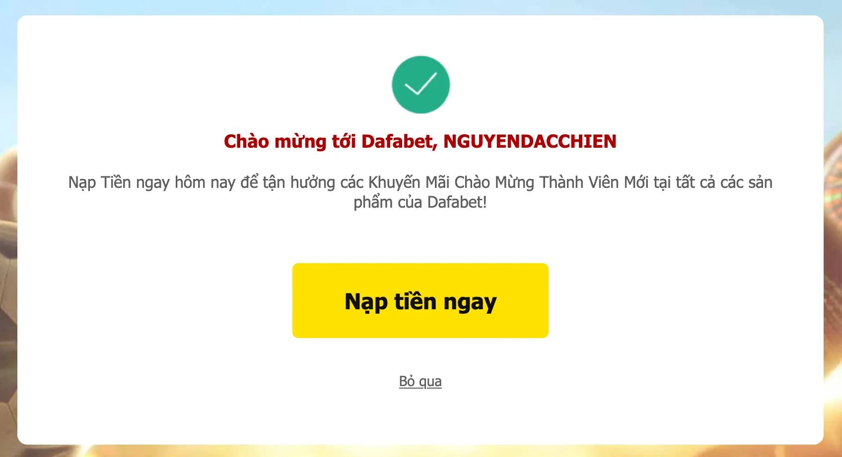 Thông báo đăng ký tài khoản Dafabet thành công