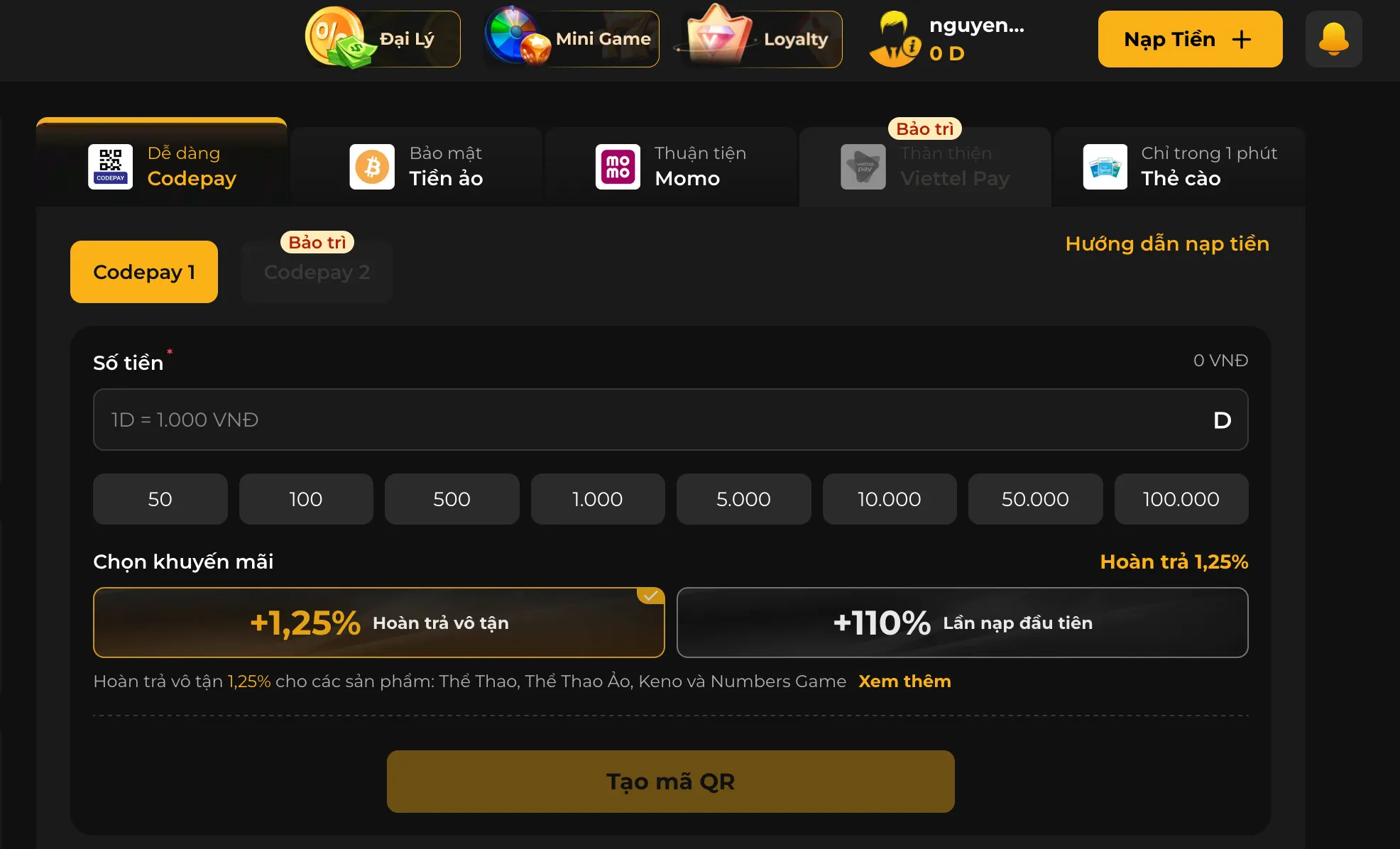 Debet - Trang nạp tiền và khuyến mãi sau khi tạo tài khoản Giao diện tài khoản Debet sau khi đăng ký thành công