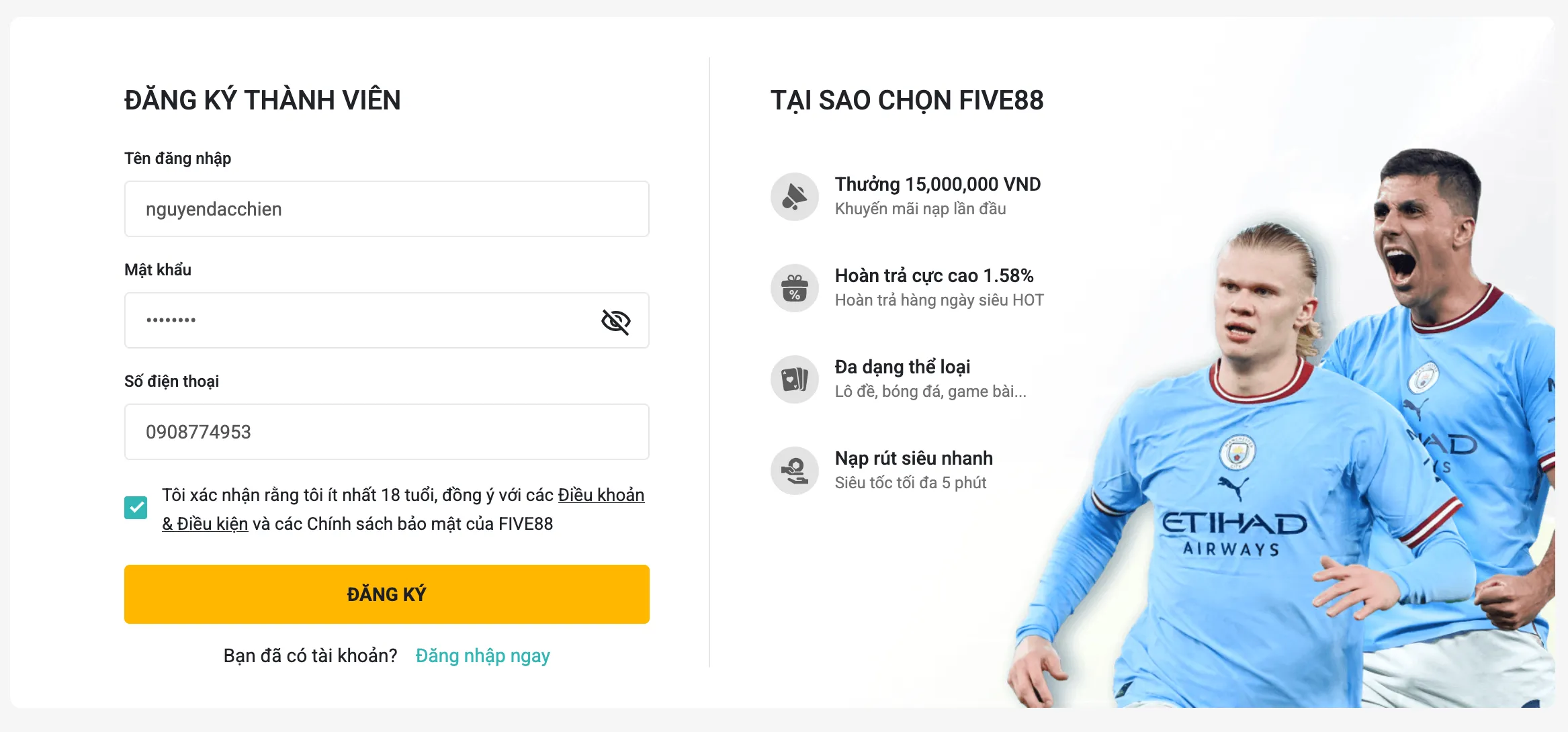 Five88 - Điền thông tin đăng ký thành viên mới Form đăng ký tài khoản Five88 bằng số điện thoại