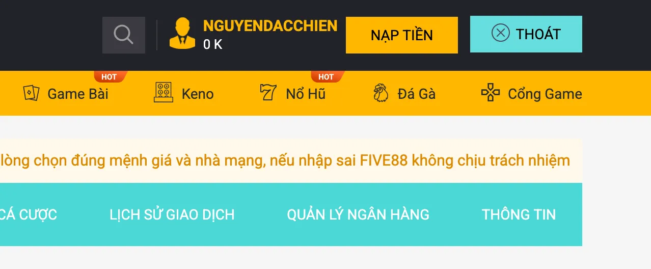 Five88 - Giao diện người dùng sau đăng ký Giao diện tài khoản Five88 sau khi đăng ký thành công