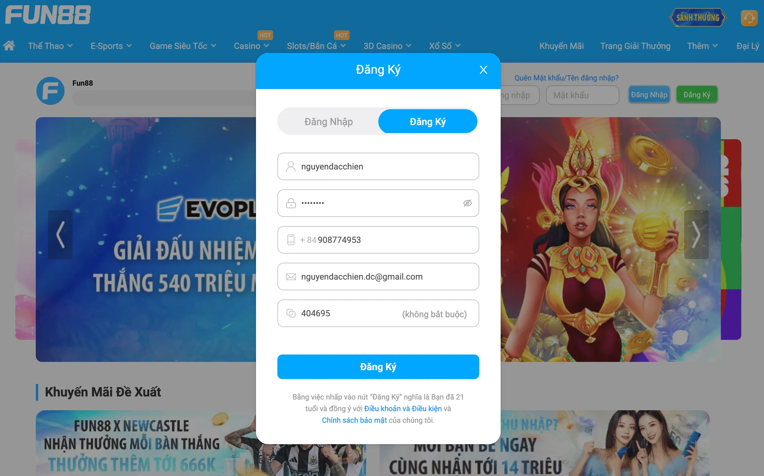 Biểu mẫu đăng ký tài khoản tại Fun88