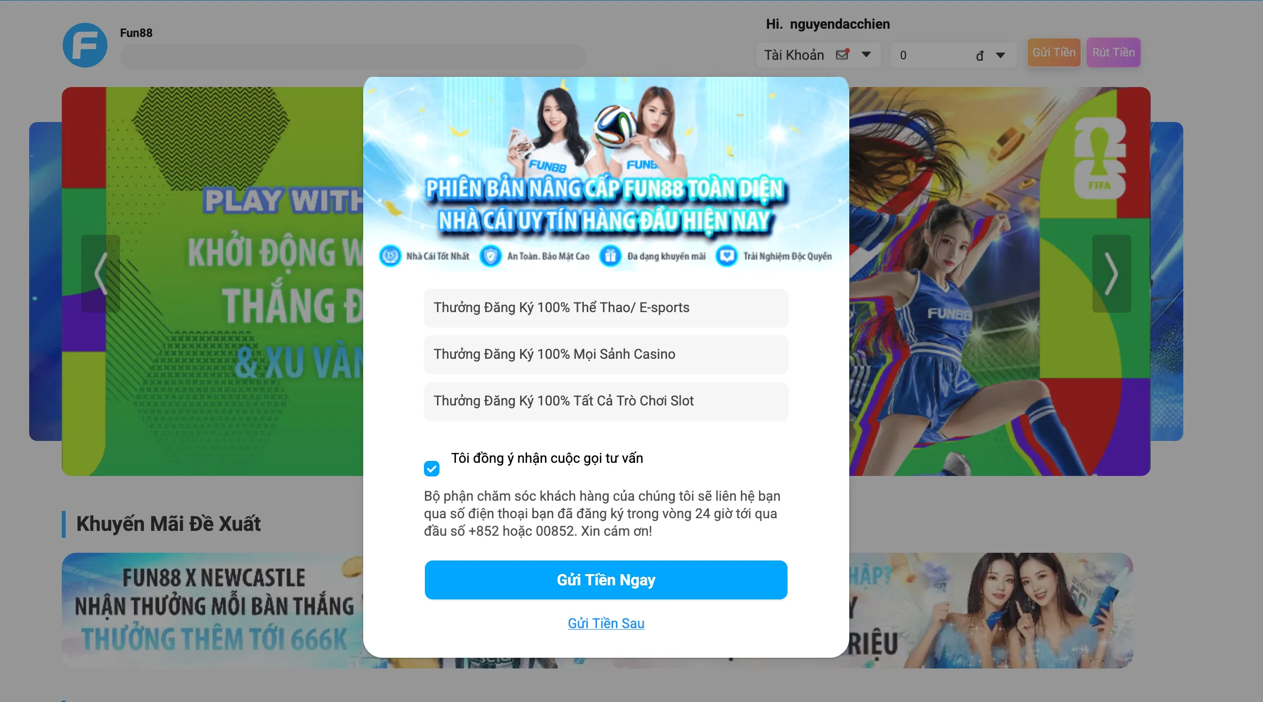 Thông báo đăng ký thành công tại Fun88