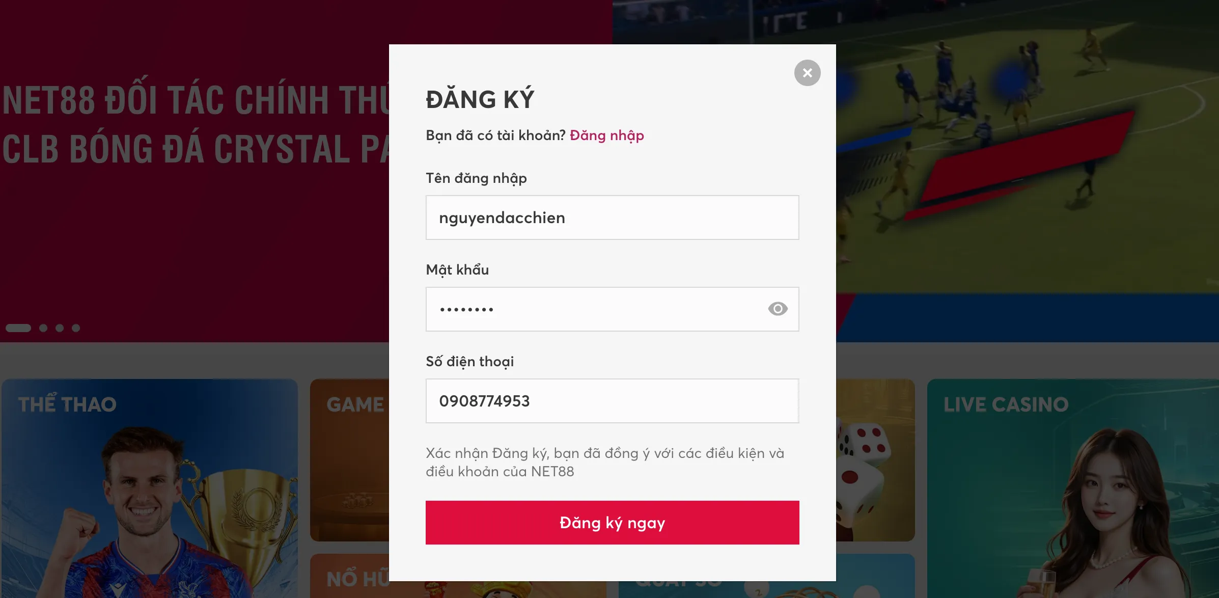 Form đăng ký tài khoản nhà cái Net88