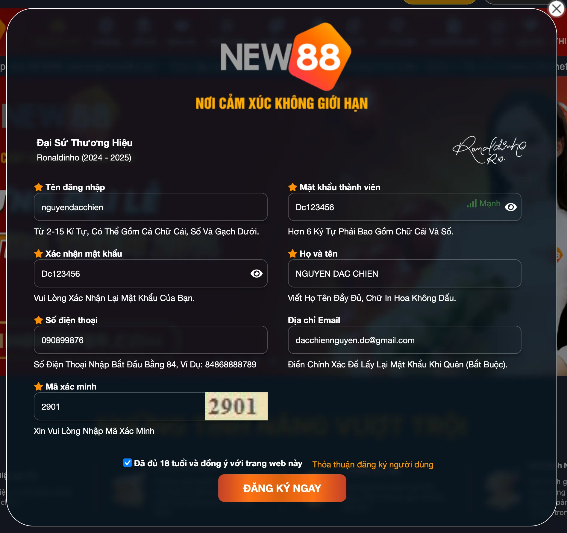 New88 - Giao diện đăng ký thông tin người chơi Biểu mẫu đăng ký tài khoản New88