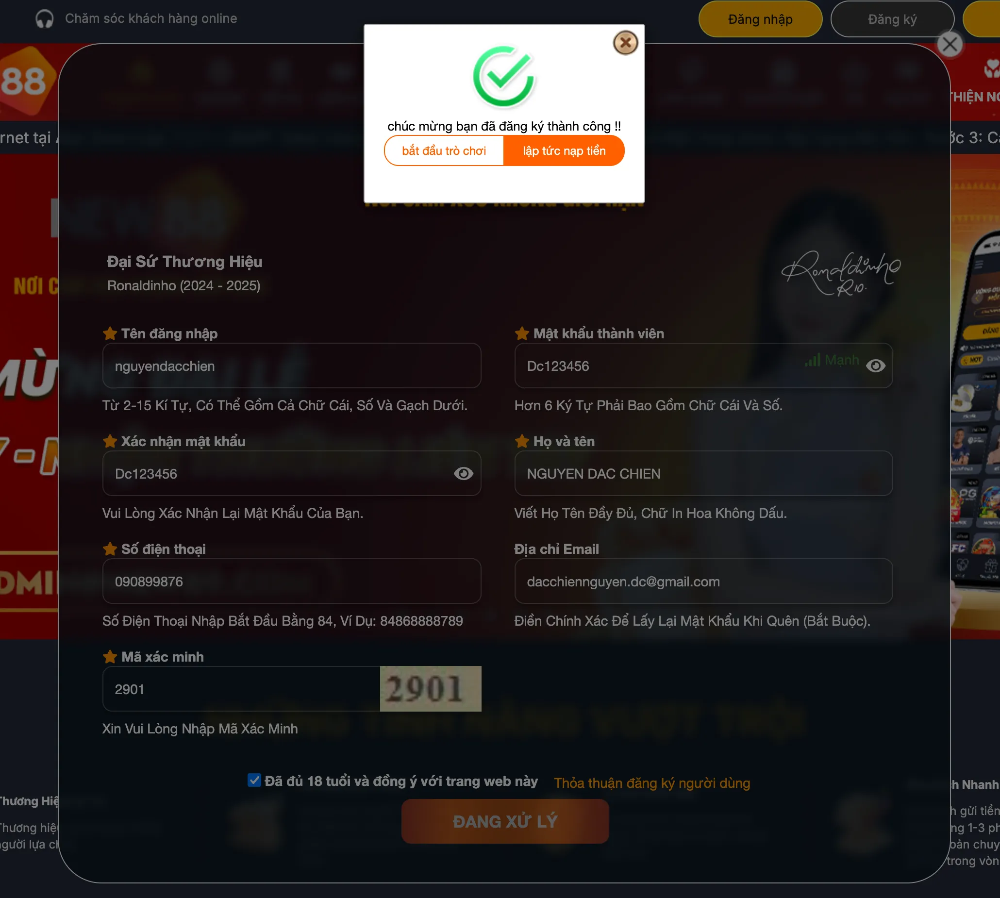 New88 - Đăng ký thành công, sẵn sàng chơi và nạp tiền Thông báo đăng ký tài khoản thành công tại New88
