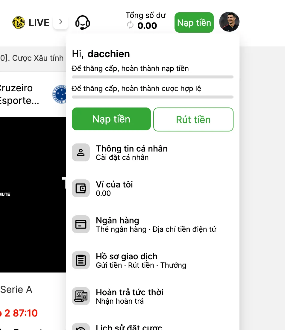 OK9 - Quản lý tài khoản và bắt đầu nạp rút Giao diện người dùng sau khi đăng ký tài khoản OK9