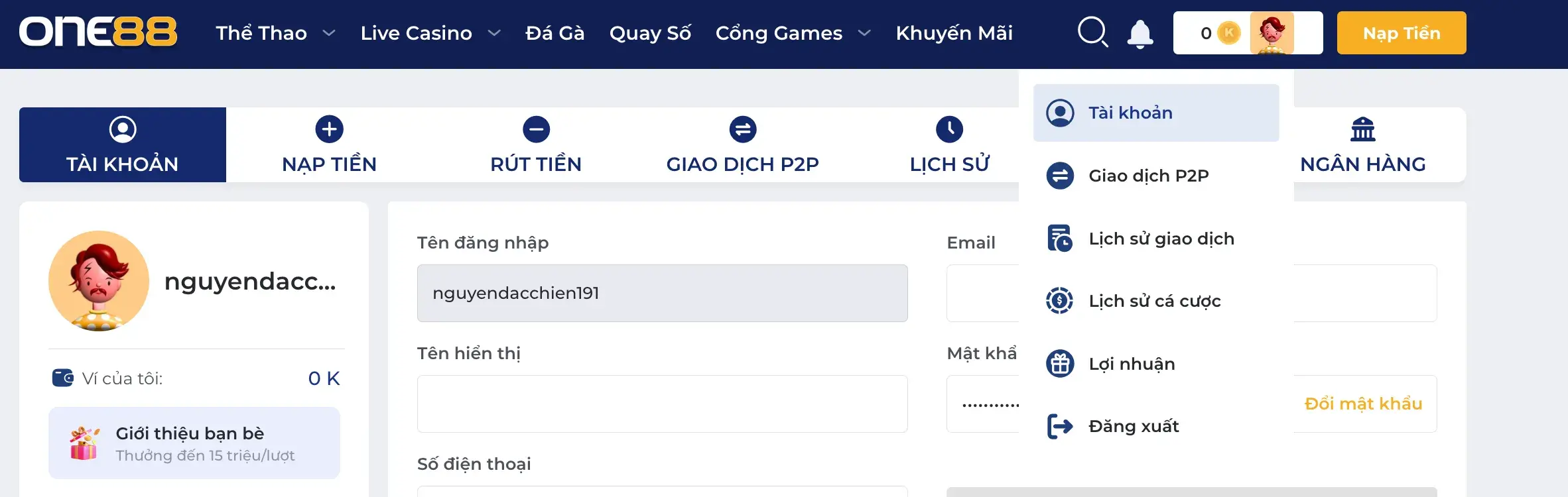 One88 - Quản lý tài khoản và bắt đầu tham gia cược Giao diện người dùng One88 sau khi đăng ký thành công