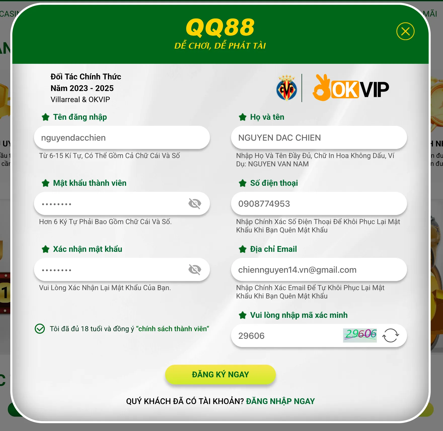 Biểu mẫu đăng ký tài khoản QQ88