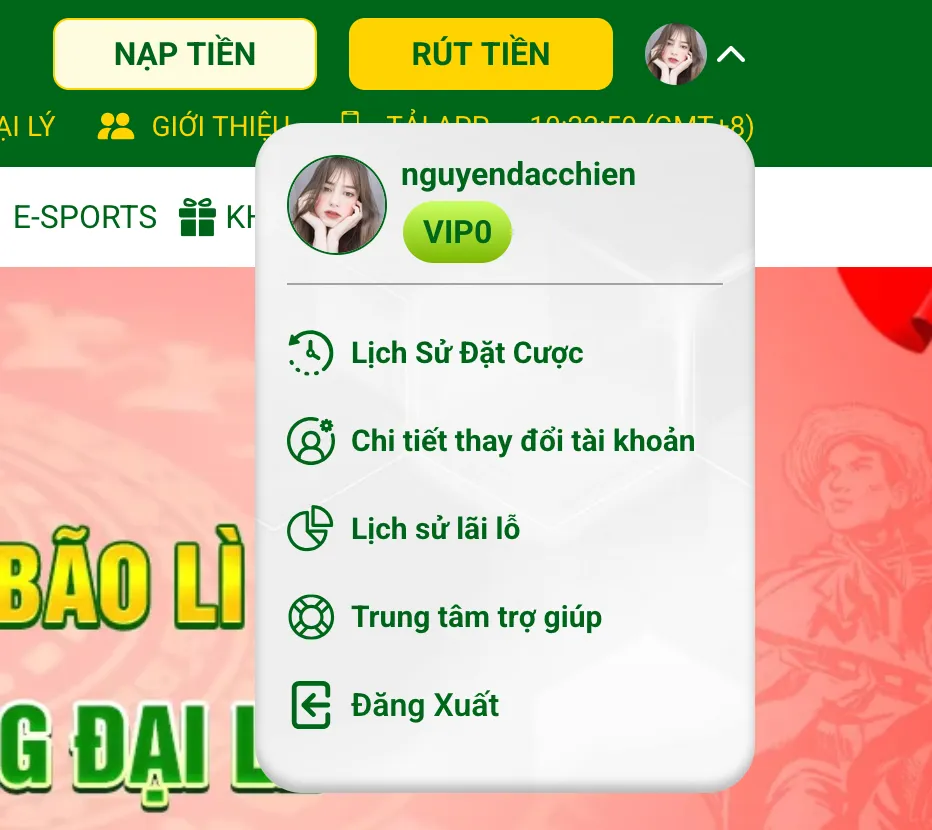 Giao diện tài khoản QQ88 sau khi đăng ký thành công