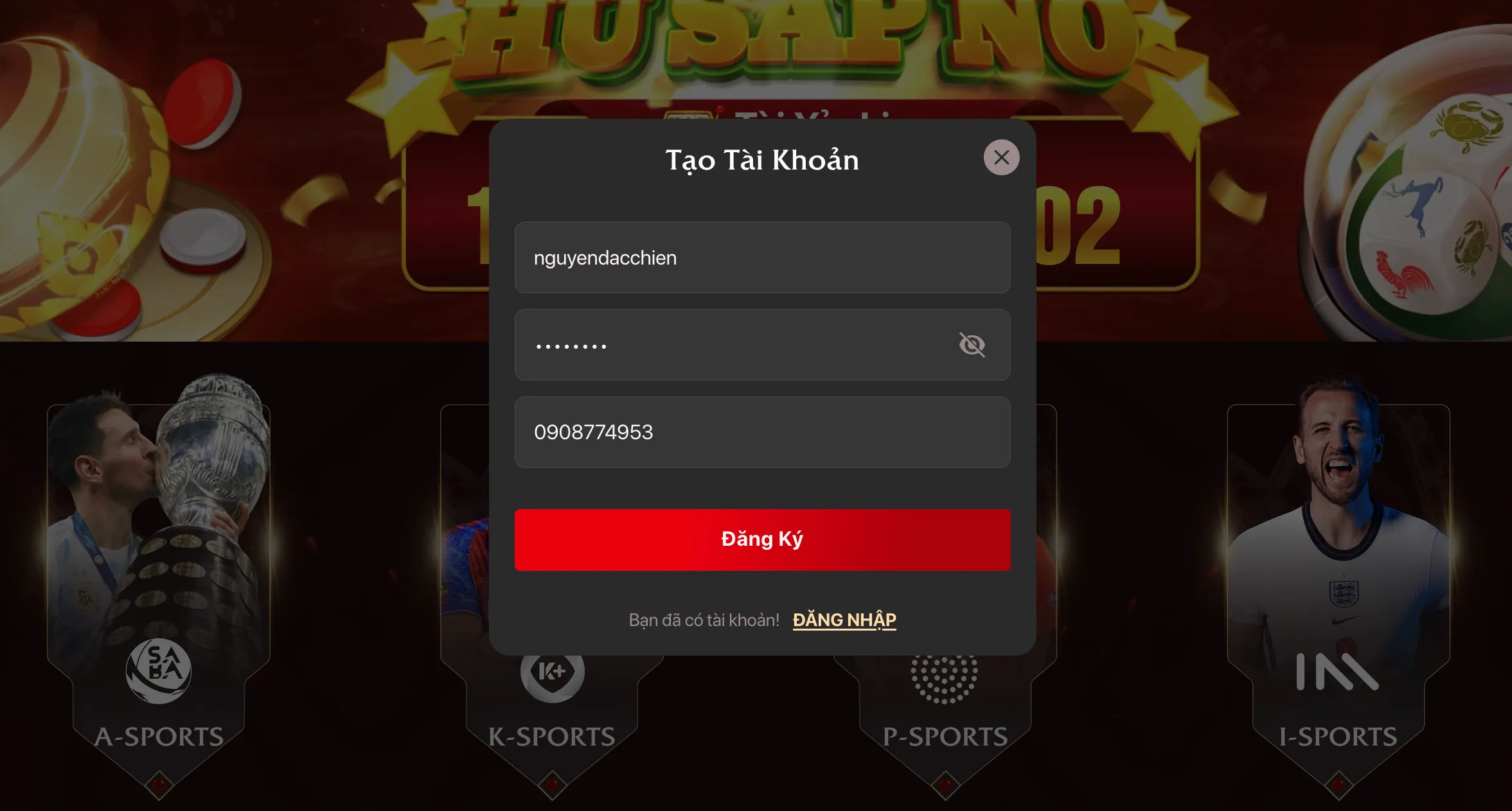 Biểu mẫu đăng ký tài khoản XO88 bằng số điện thoại